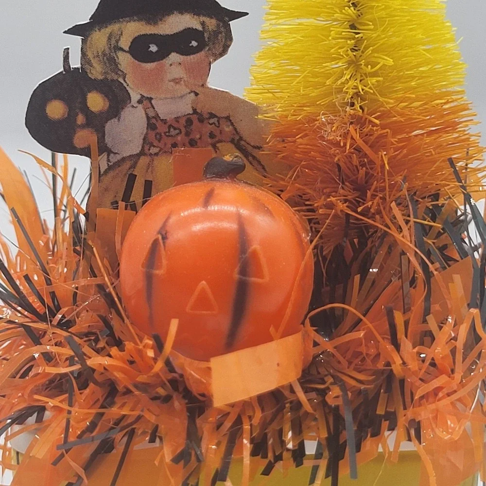 Halloween Tiered Tray Decor Assemblage Art Vintage Schilling Tin Witch OOAK